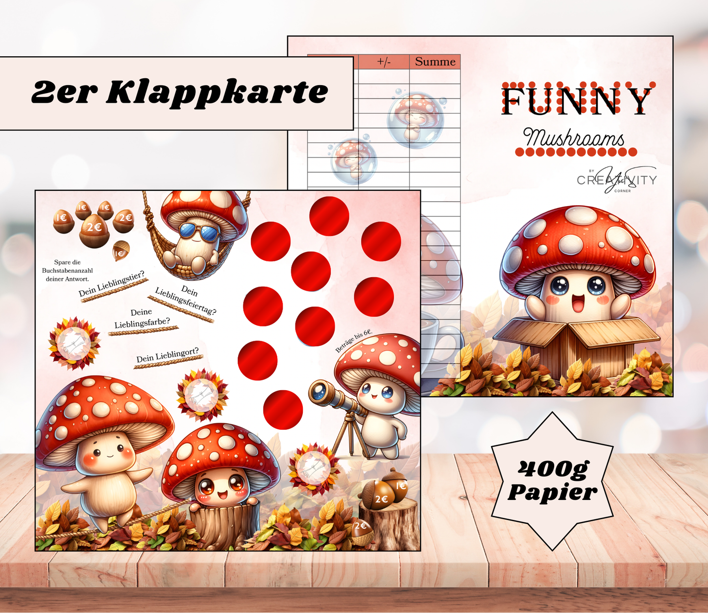 Sparchallenge „Funny Mushrooms 2.0" Zweier-Klappkarte, A6, 400g Papier