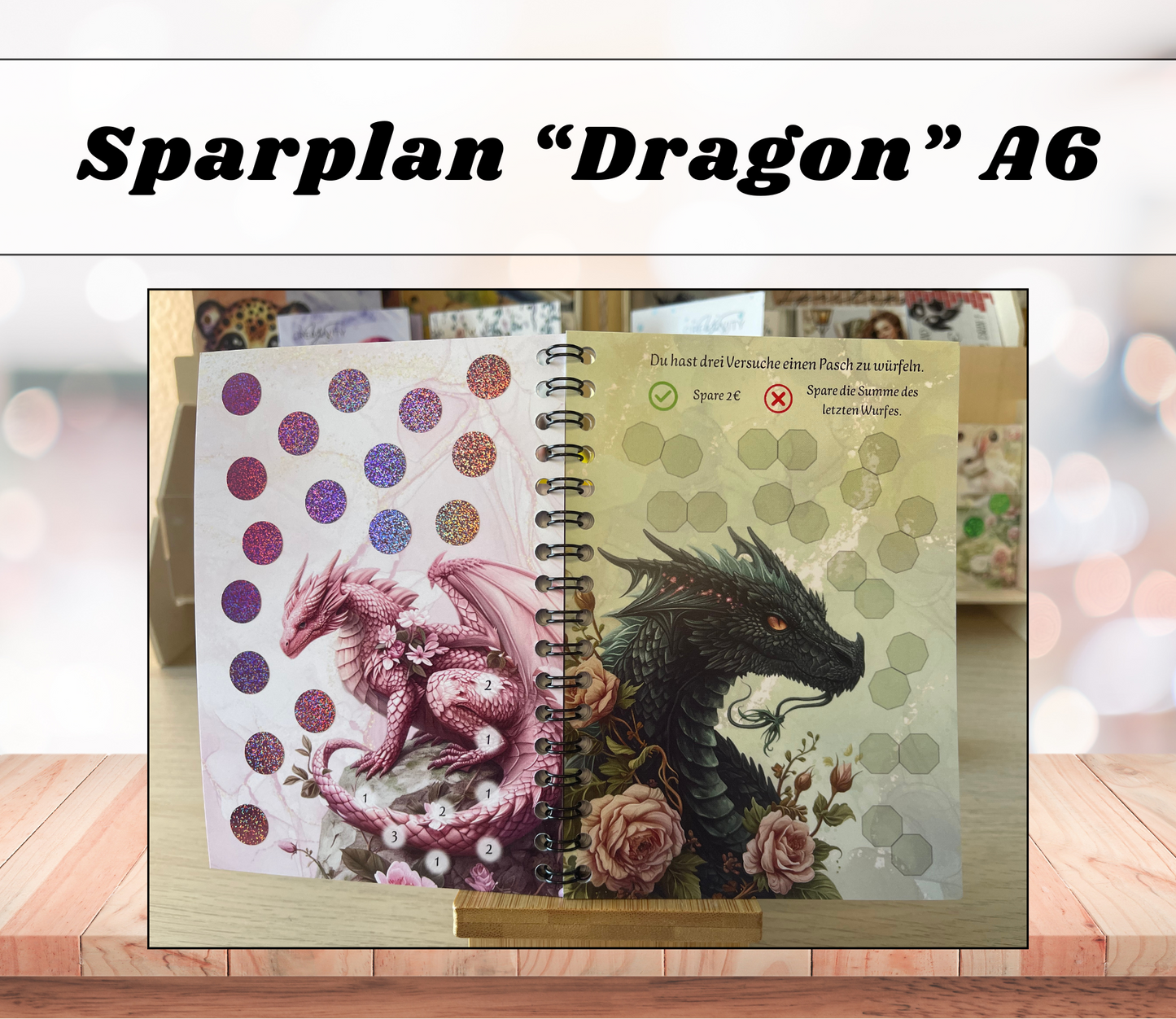 Sparbuch „Dragon“ + Deckblatt, A6, Spiralbindung