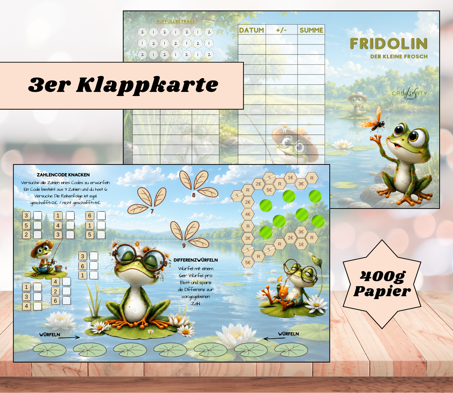 Sparchallenge "Fridolin der Frosch" Triple-Klappkarte, A6, 400g Papier