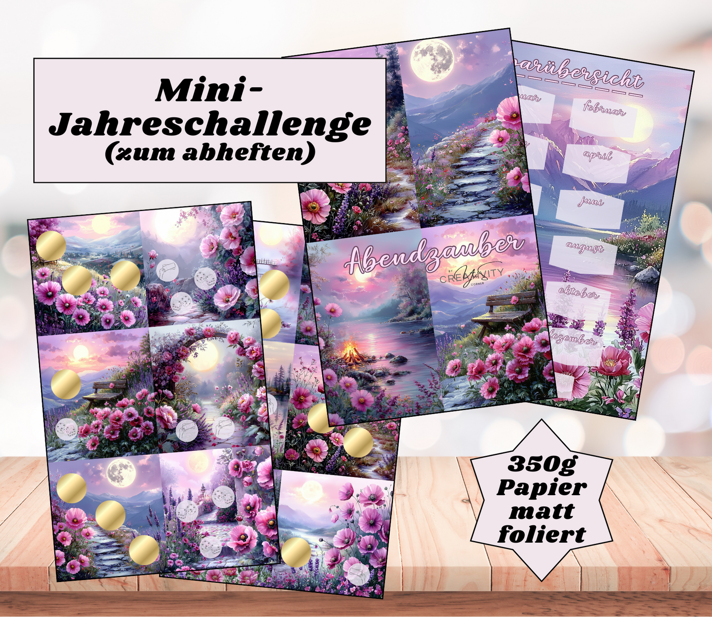 Mini-Jahreschallenge "Abendzauber", gelocht und matt foliert für A6, Papier 350g