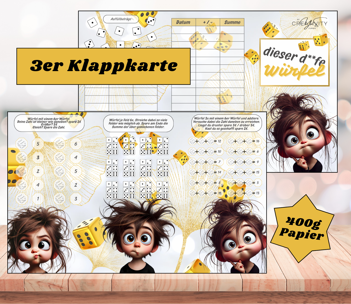 Sparchallenge "dieser doofe Würfel" Triple-Klappkarte, A6, 400g Papier