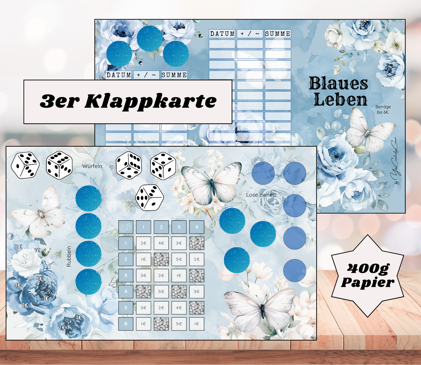 Sparchallenge "blaues Leben" Triple-Klappkarte, A6, 400g Papier