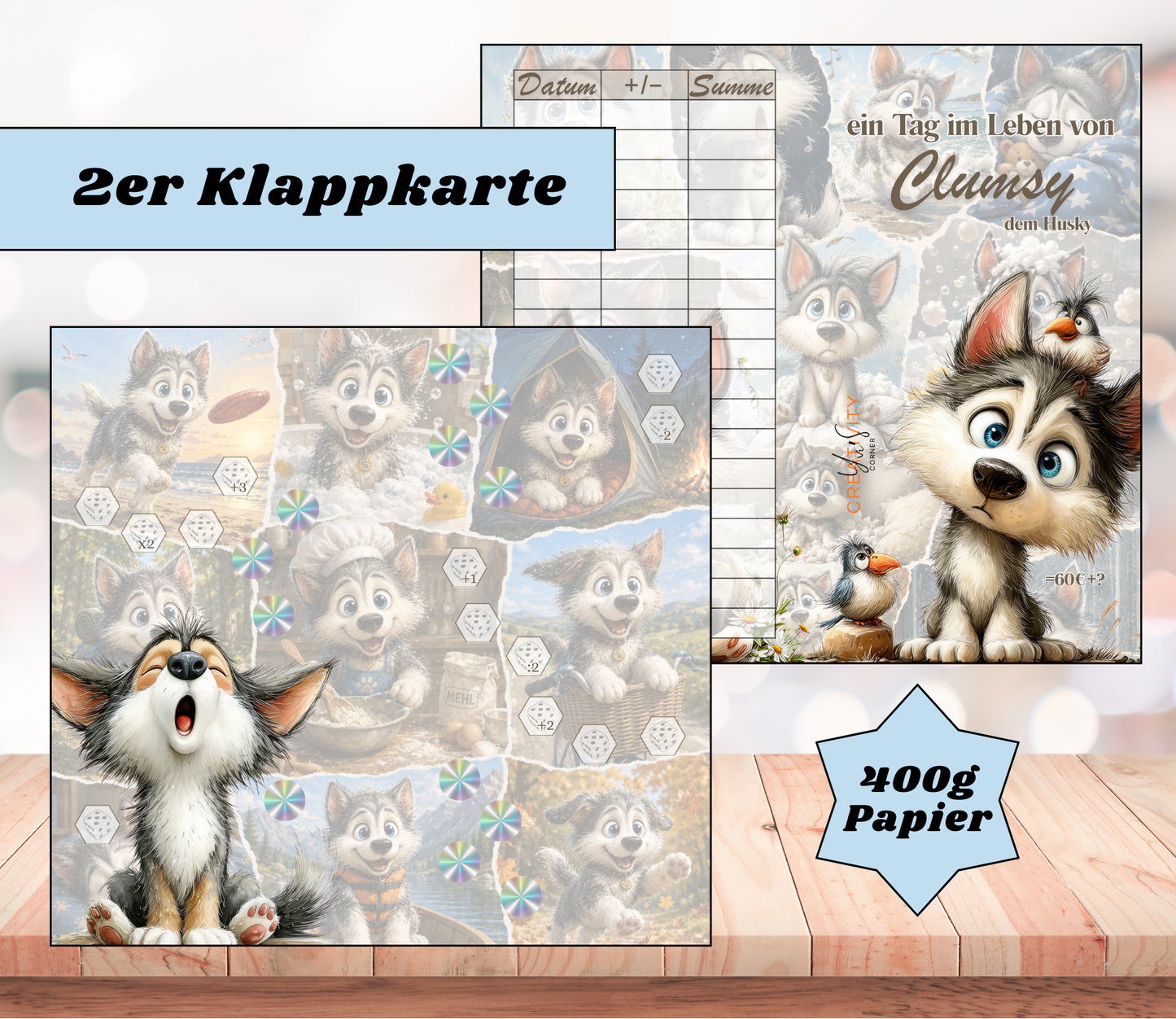 Sparchallenge „Clumsy der Husky" Zweier-Klappkarte, A6, 400g Papier