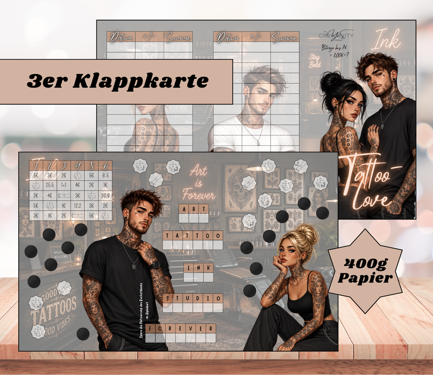 Sparchallenge "Tattoo-Love" Triple-Klappkarte, A6, 400g Papier
