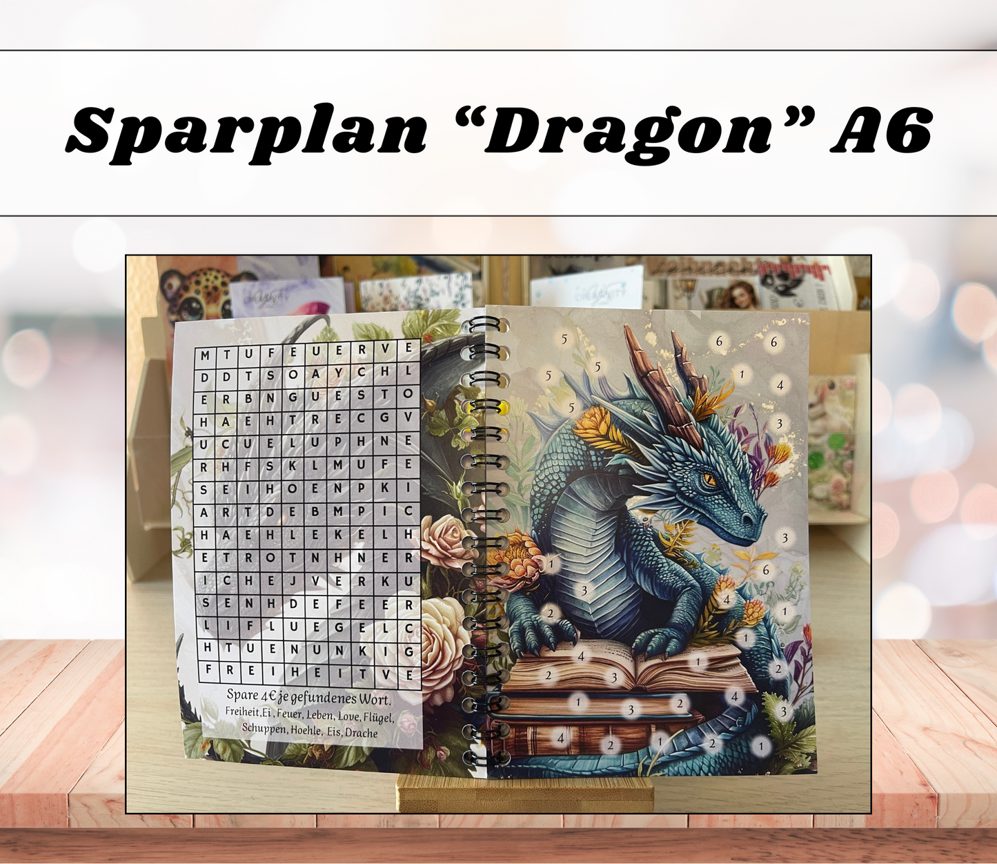 Sparbuch „Dragon“ + Deckblatt, A6, Spiralbindung