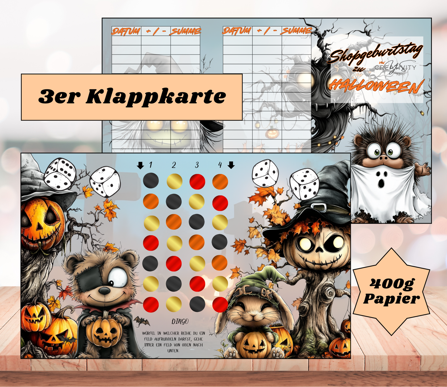 Sparchallenge "Shopgeburtstag zu Halloween" Triple-Klappkarte, A6, 400g Papier