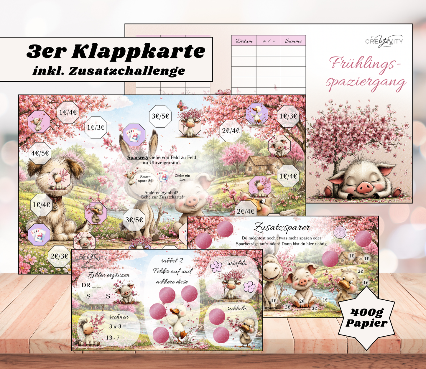 Sparchallenge "Frühlingsspaziergang" Triple-Klappkarte, A6, 400g Papier