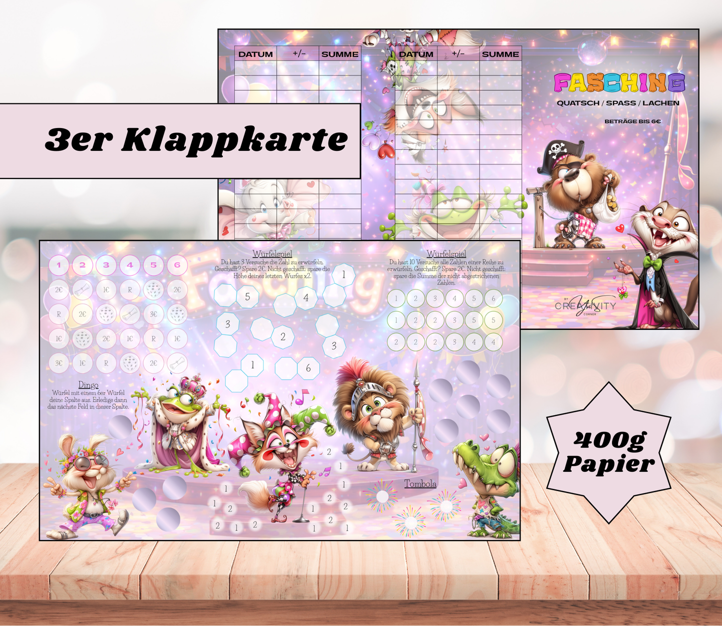 Sparchallenge „Fasching" Triple-Klappkarte, A6, 400g Papier