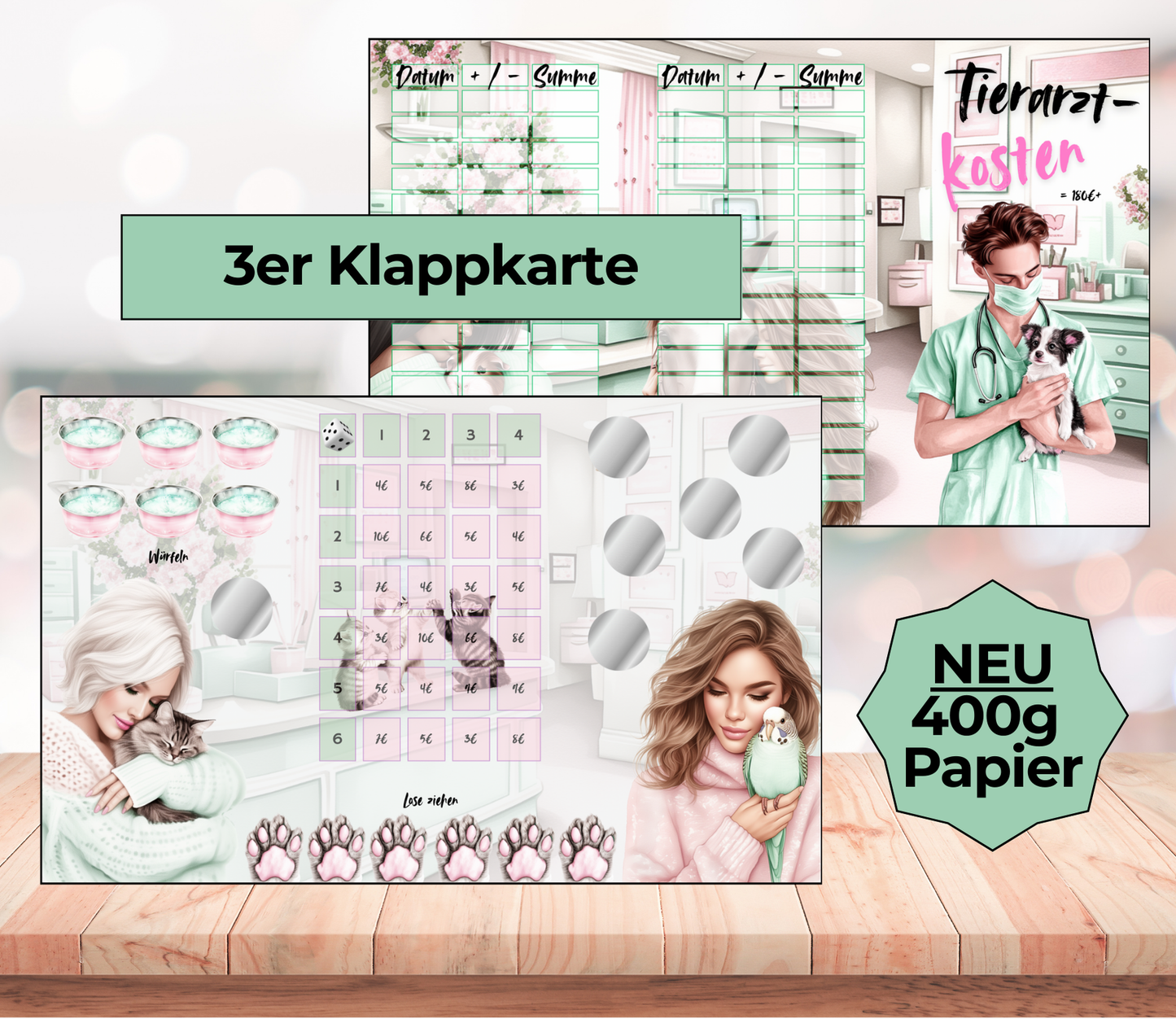 Sparchallenge "Tierarztkosten" Triple-Klappkarte, A6
