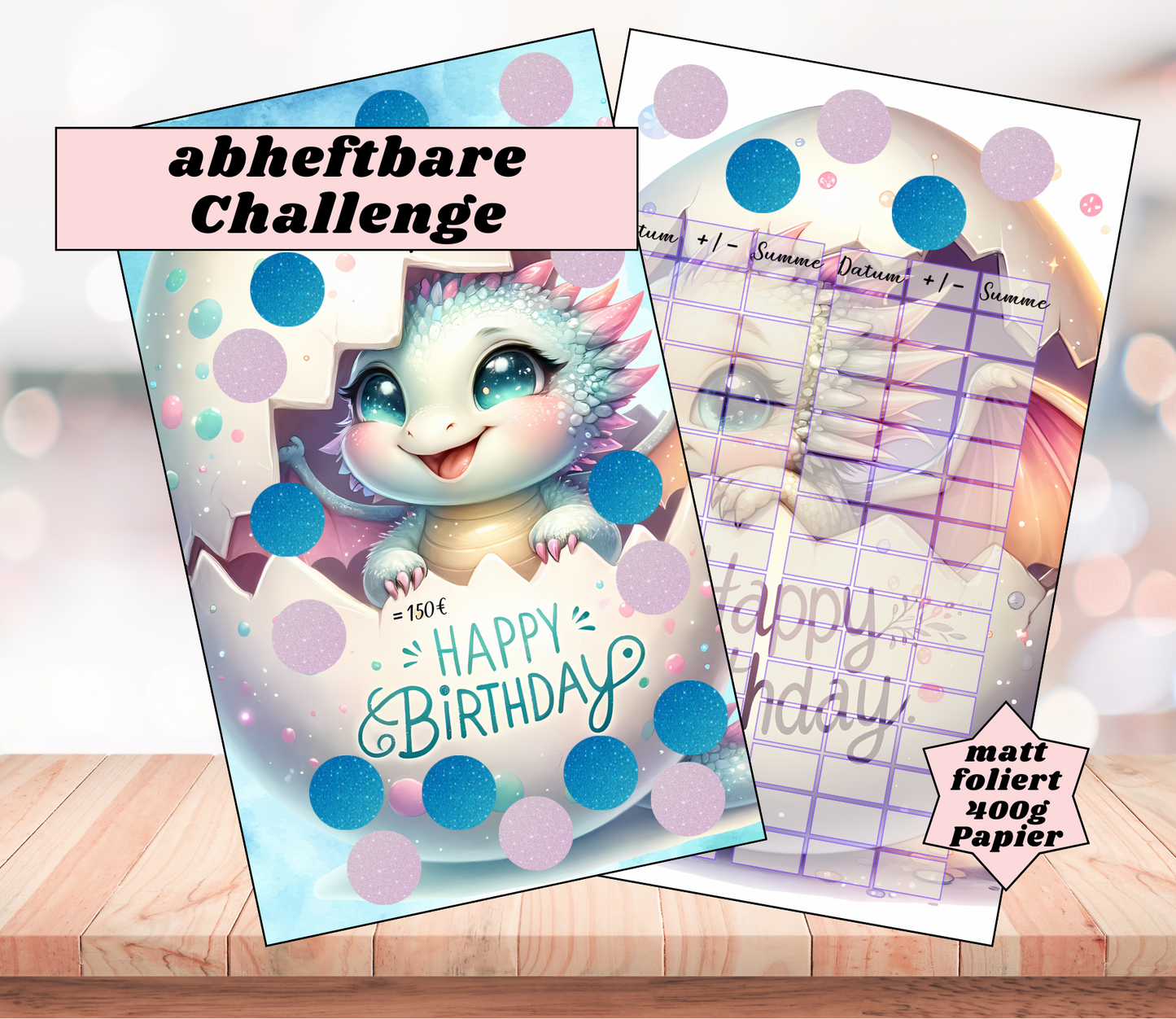Sparchallenge "Happy Birthday - Dragon“, matt foliert für A6, Papier 350g