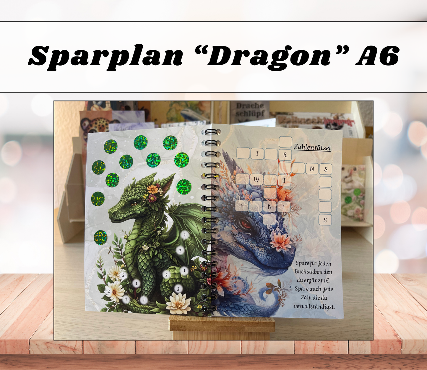 Sparbuch „Dragon“ + Deckblatt, A6, Spiralbindung