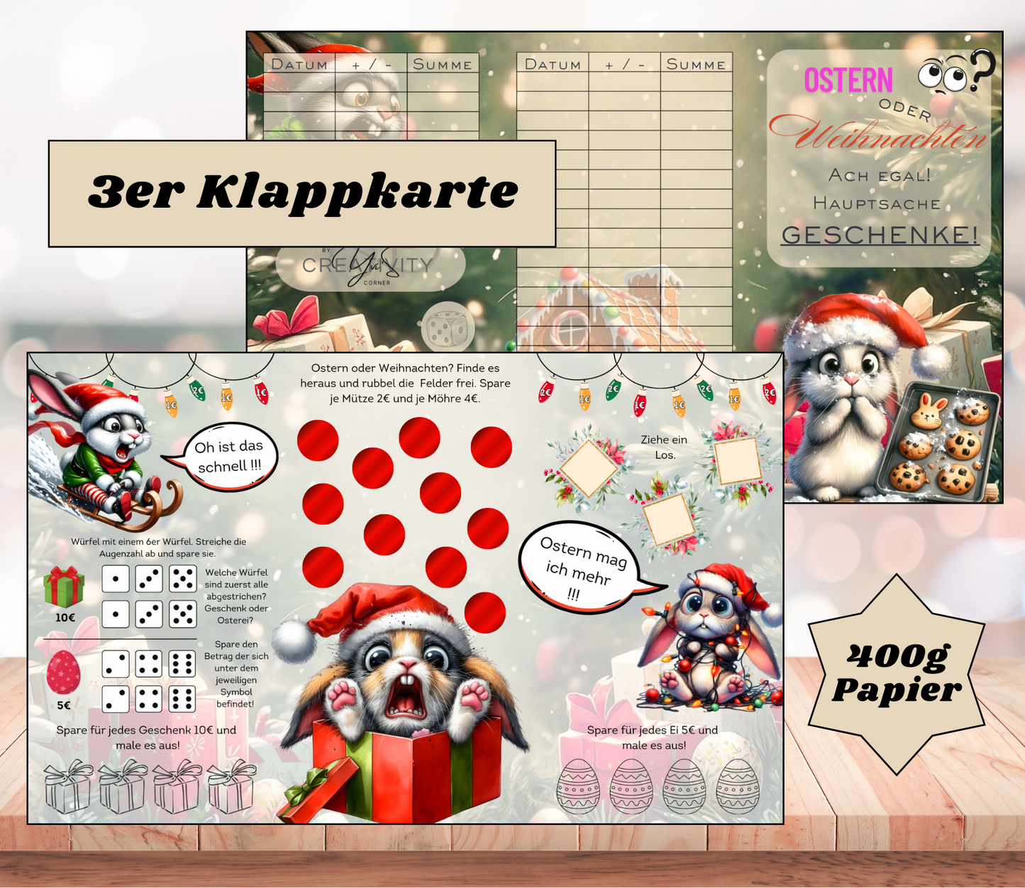 Sparchallenge "Ostern oder Weihnachten - egal Hauptsache Geschenke" Triple-Klappkarte, A6, 400g Papier