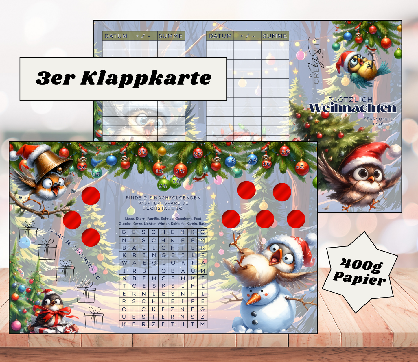 Sparchallenge "Plötzlich Weihnachten" Triple-Klappkarte, A6, 400g Papier