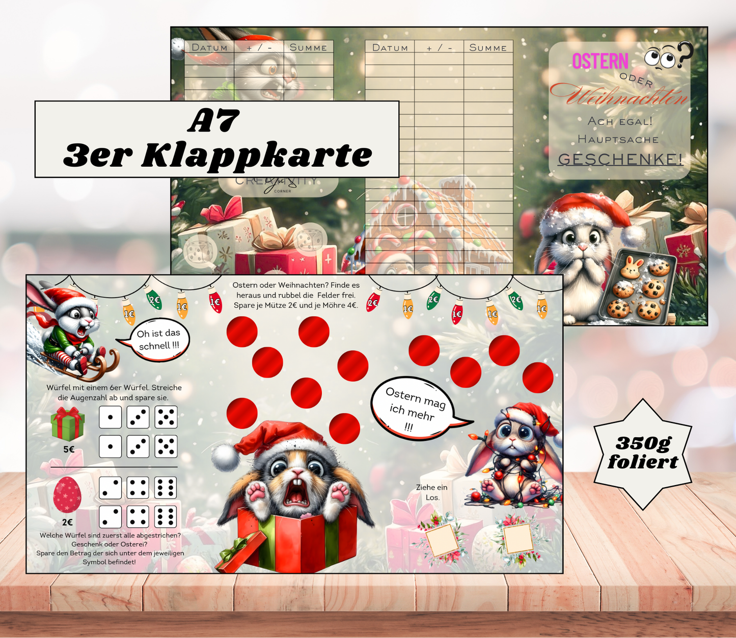 Sparchallenge in A7 als Klappkarte, Titel: Ostern oder Weihnachten