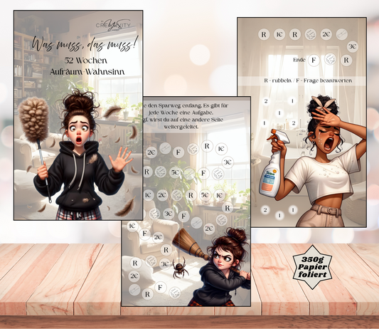 Sparchallenge "52 Wochen - Aufräumwahnsinn", gelocht und matt foliert für A6, Papier 350g