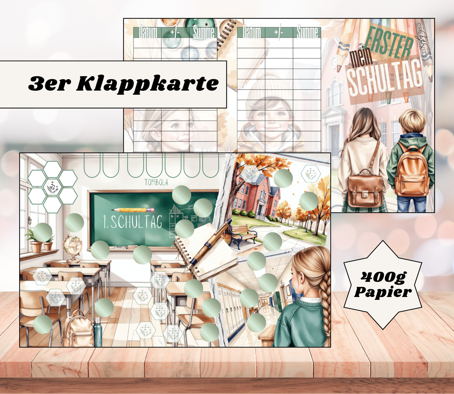 Sparchallenge „1. Schultag" Triple-Klappkarte, A6, 400g Papier