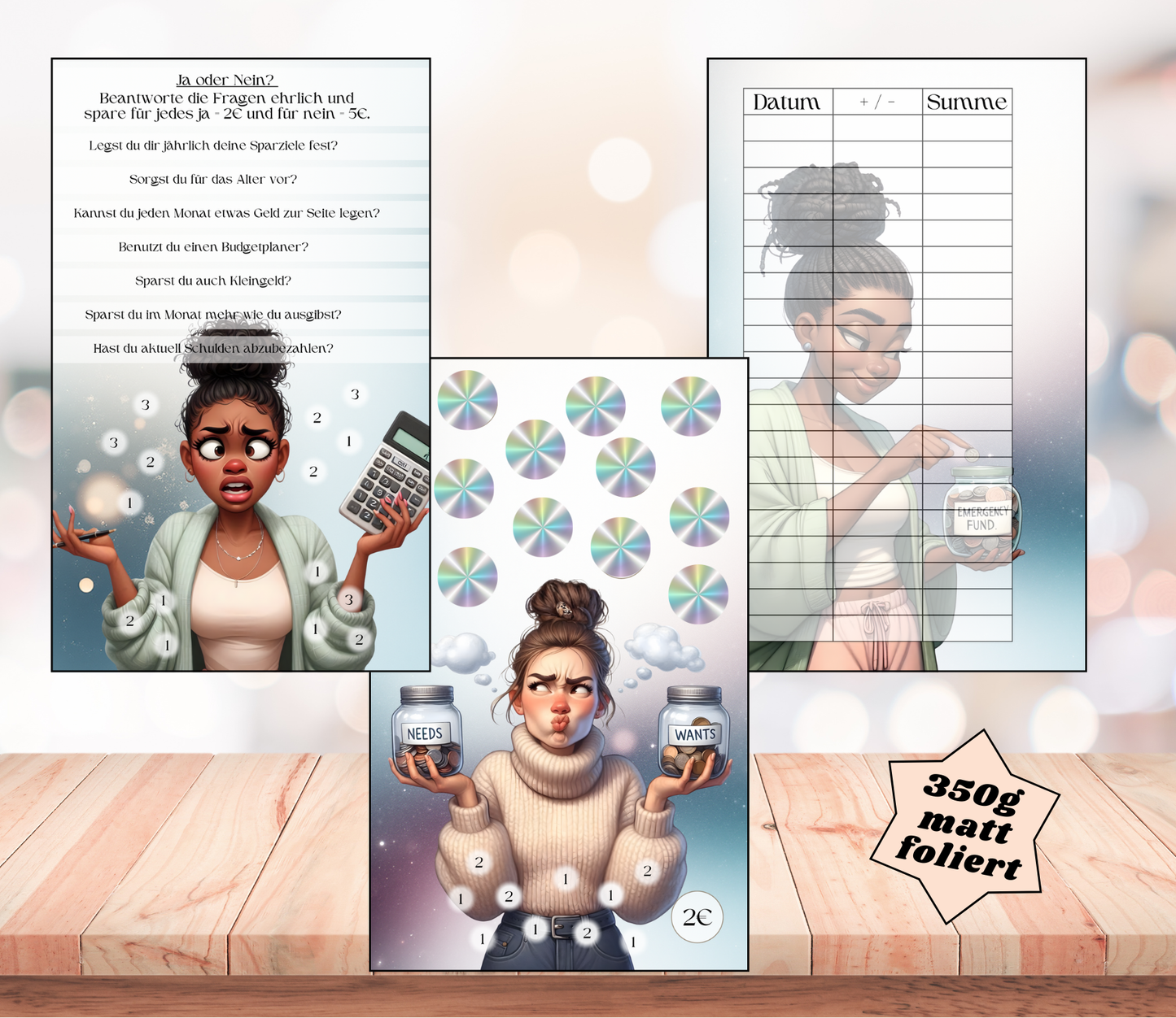 Sparchallenge "52 Wochen - Notgroschen", gelocht und matt foliert für A6, Papier 350g