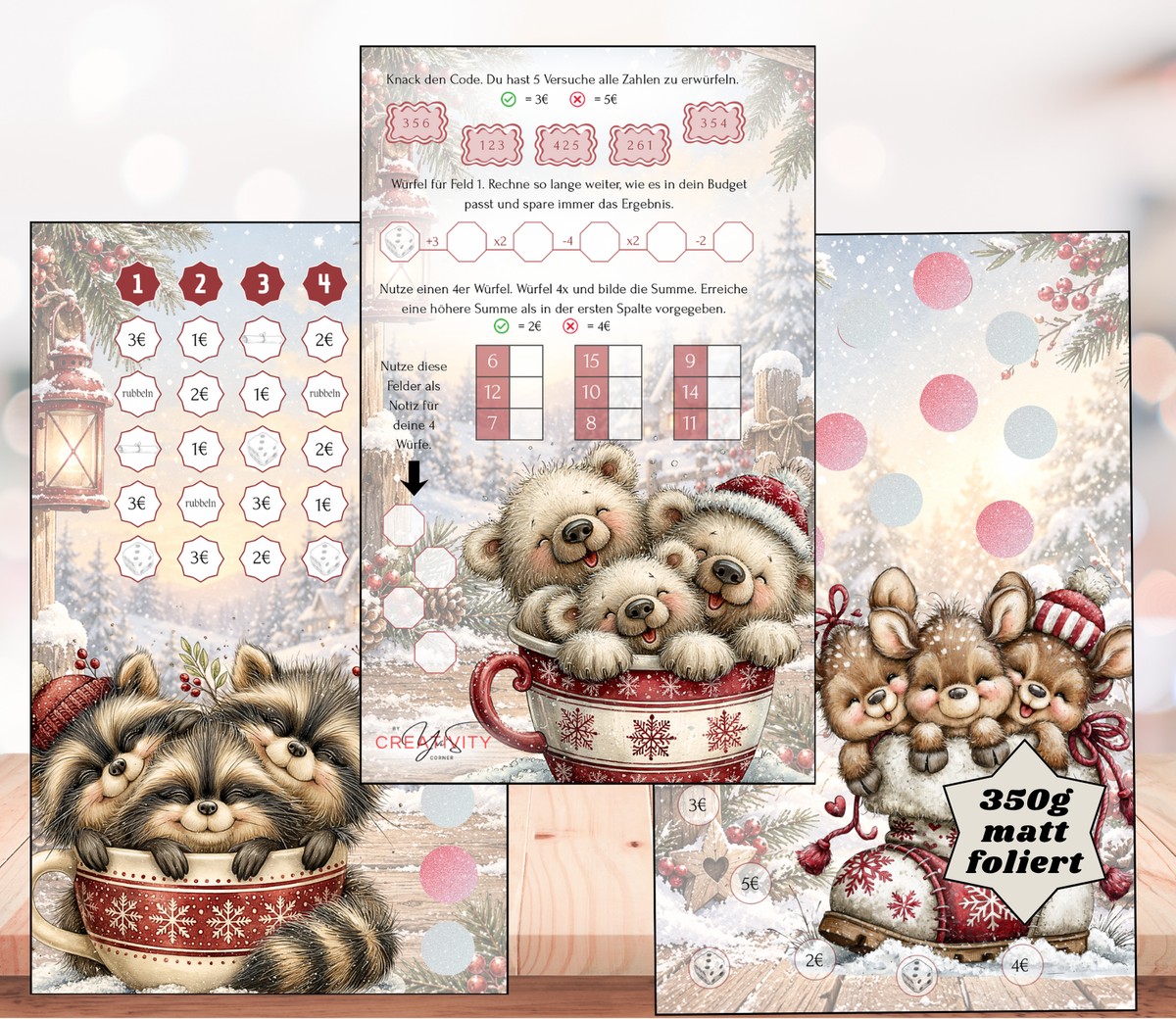 Sparchallenge-Set "die Tassenkuschelbande - Winteredition", gelocht und matt foliert für A6, Papier 350g