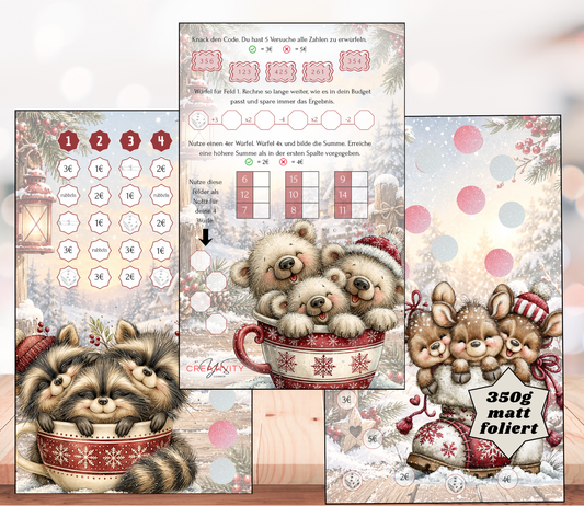 Sparchallenge-Set "die Tassenkuschelbande - Winteredition", gelocht und matt foliert für A6, Papier 350g