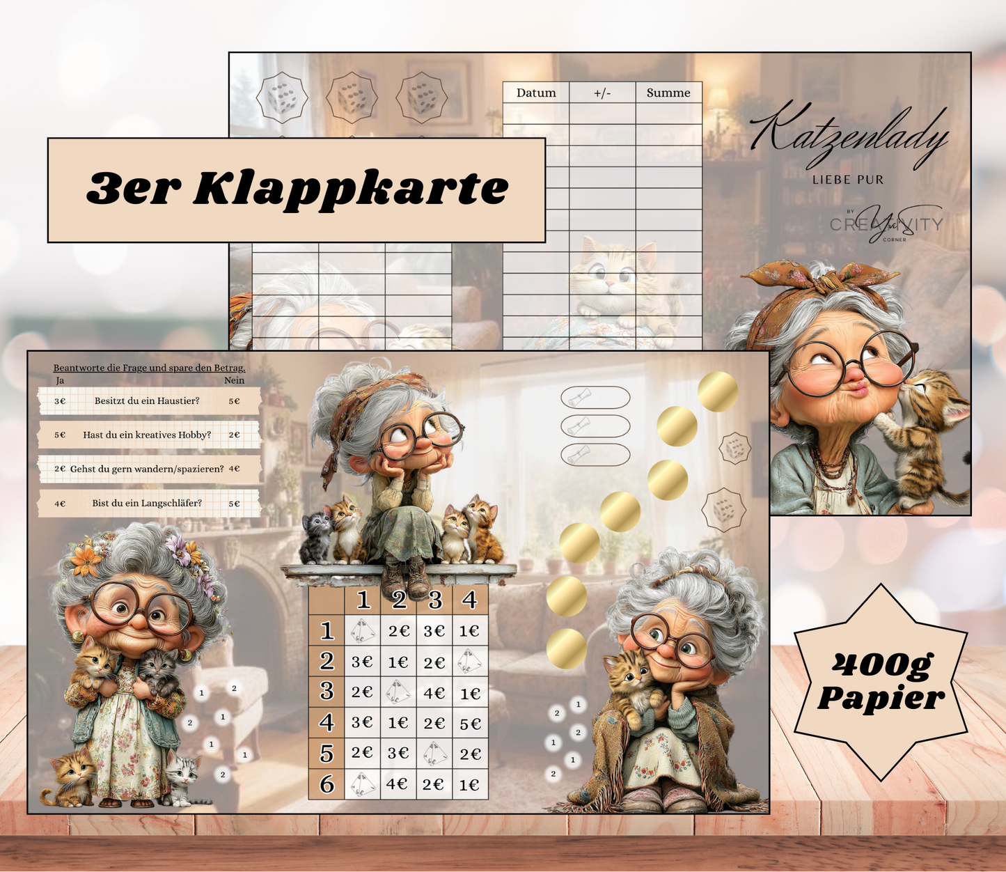 Sparchallenge "Katzenlady - Liebe pur" Triple-Klappkarte, A6, 400g Papier