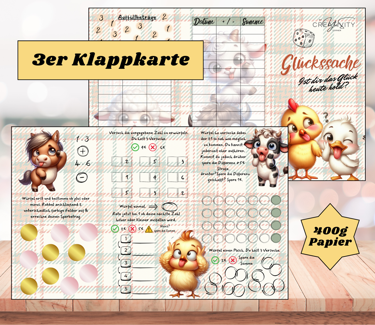 Sparchallenge "Glückssache" Triple-Klappkarte, A6, 400g Papier