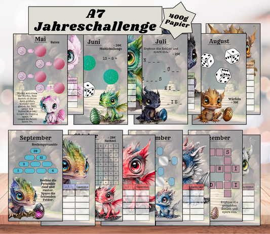 A7 Jahres-Sparchallenge „Drache schlüpf", Papier 400g