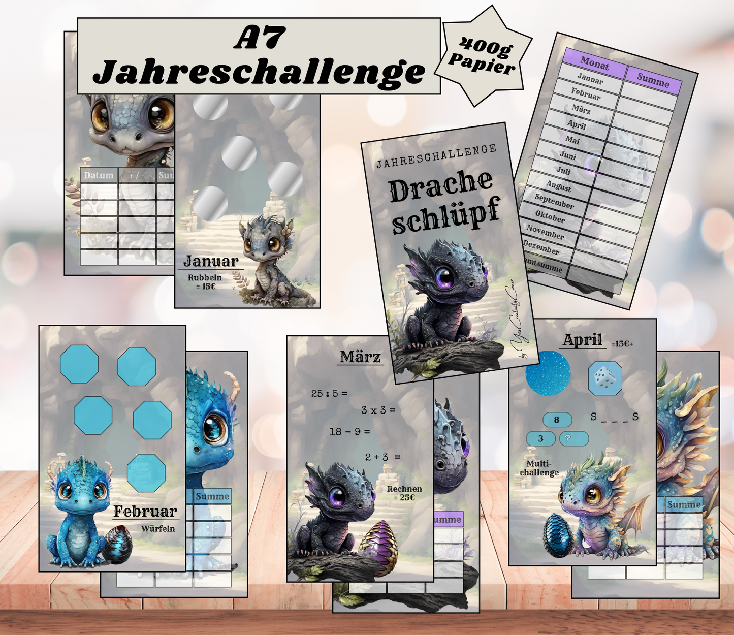 A7 Jahres-Sparchallenge „Drache schlüpf", Papier 400g