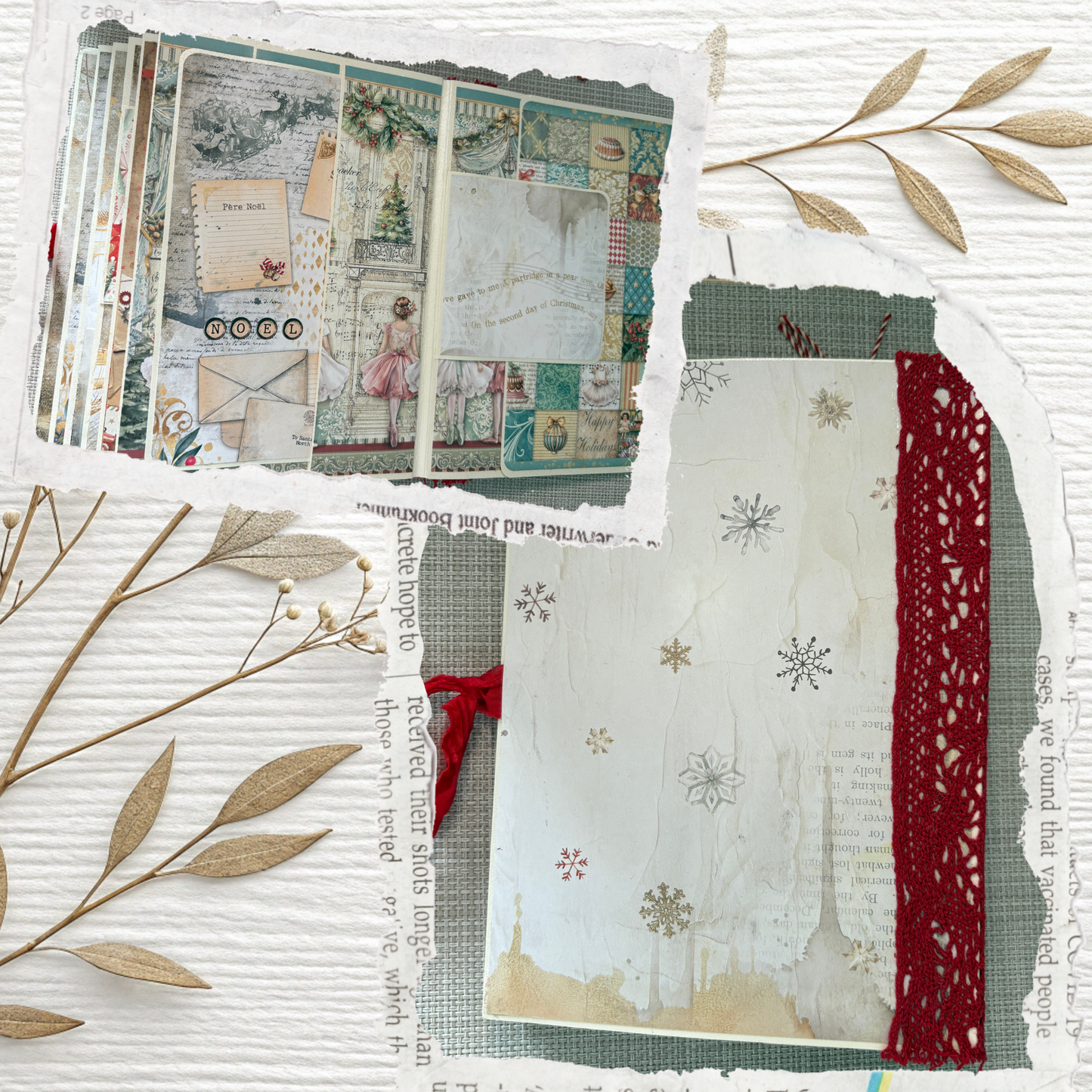 Weihnachtliches Junk Journal A5 – Handgemachtes Vintage Scrapbook in Rot mit Spitze & Nostalgie-Details