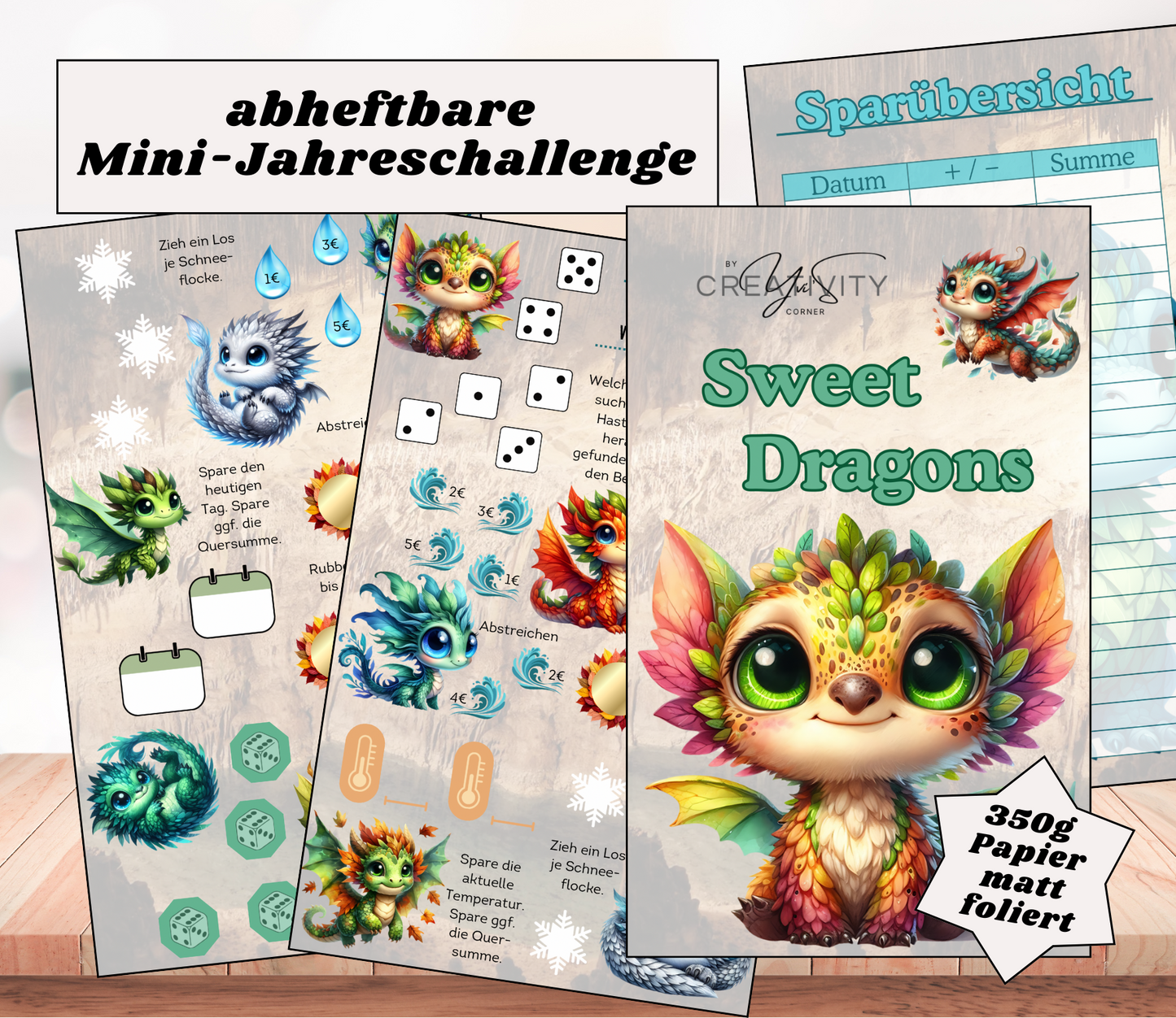 Mini-Jahreschallenge "sweet Dragons", gelocht und matt foliert für A6, Papier 350g