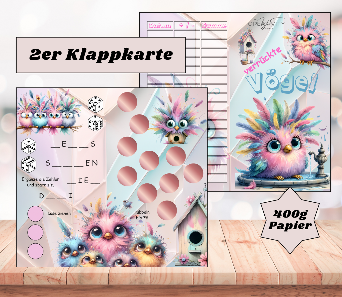 Sparchallenge "verrückte Vögel" Zweier-Klappkarte, A6