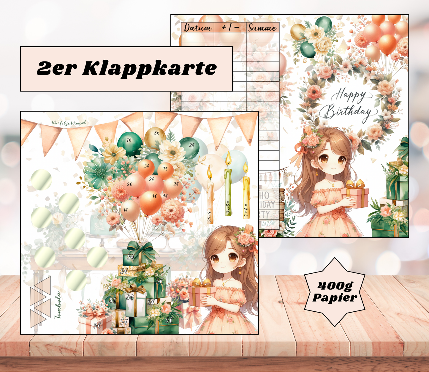 Sparchallenge "Happy Birthday - Girly" Zweier-Klappkarte, A6, 400g Papier
