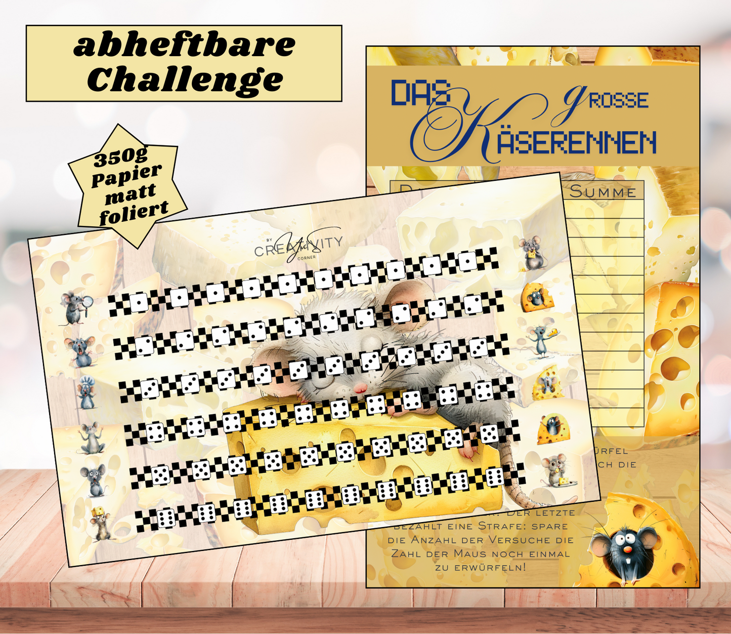 Sparchallenge "das große Käserennen", gelocht und matt foliert für A6, Papier 350g
