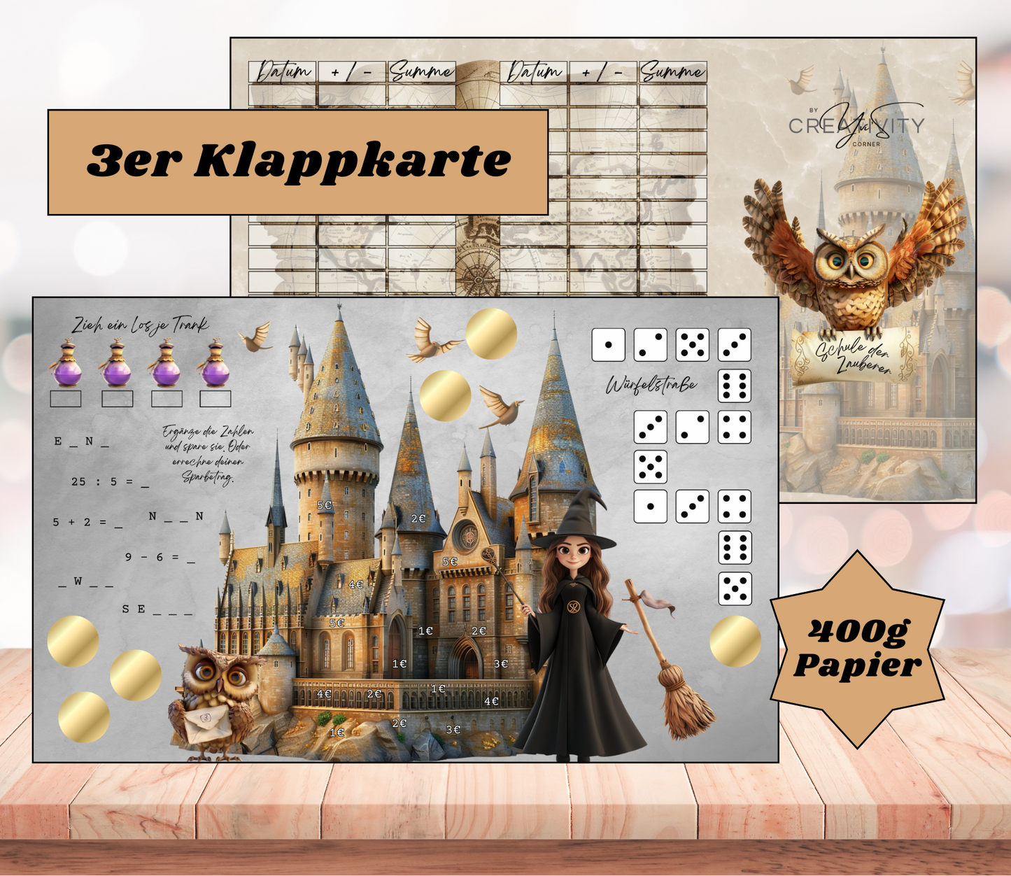 Sparchallenge "Schule der Zauberer" Dreier-Klappkarte, A6