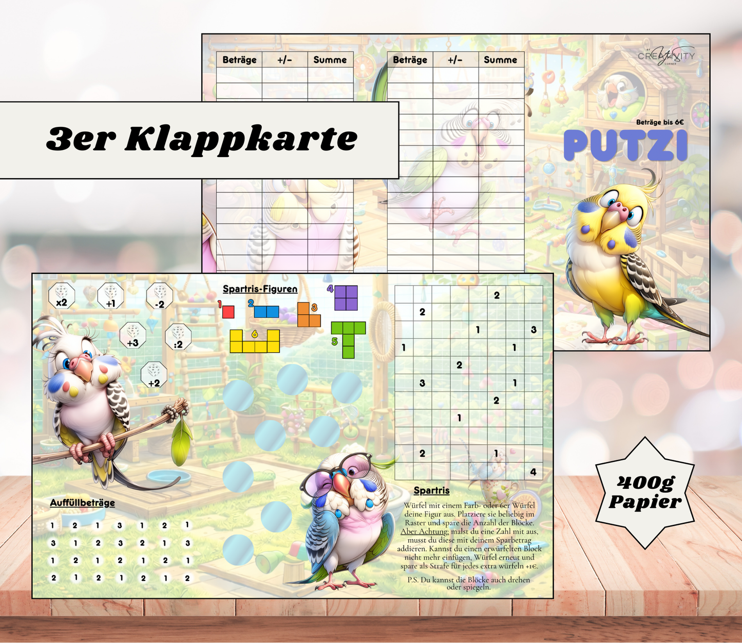 Sparchallenge "Putzi" Triple-Klappkarte, A6, 400g Papier
