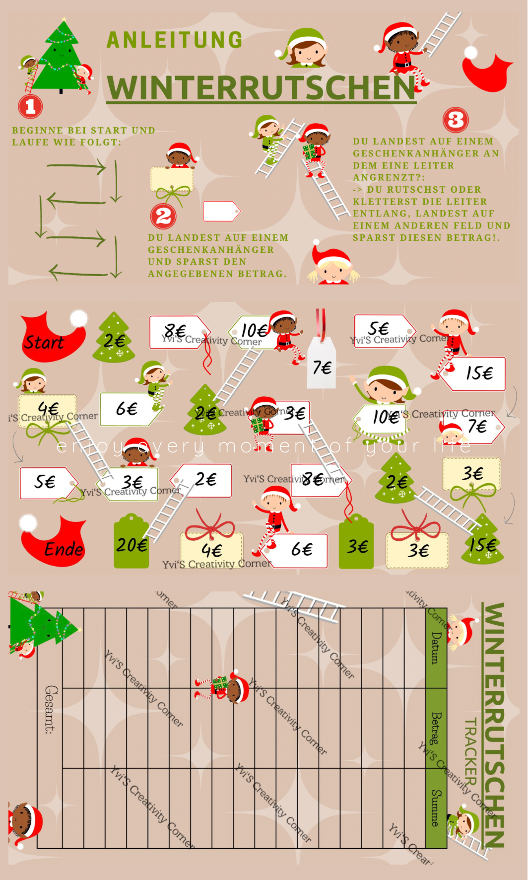 Sparspiel "Winterrutschen" inkl. passendem Tracker, Würfel und Spielfigur, A6, Papier 250g