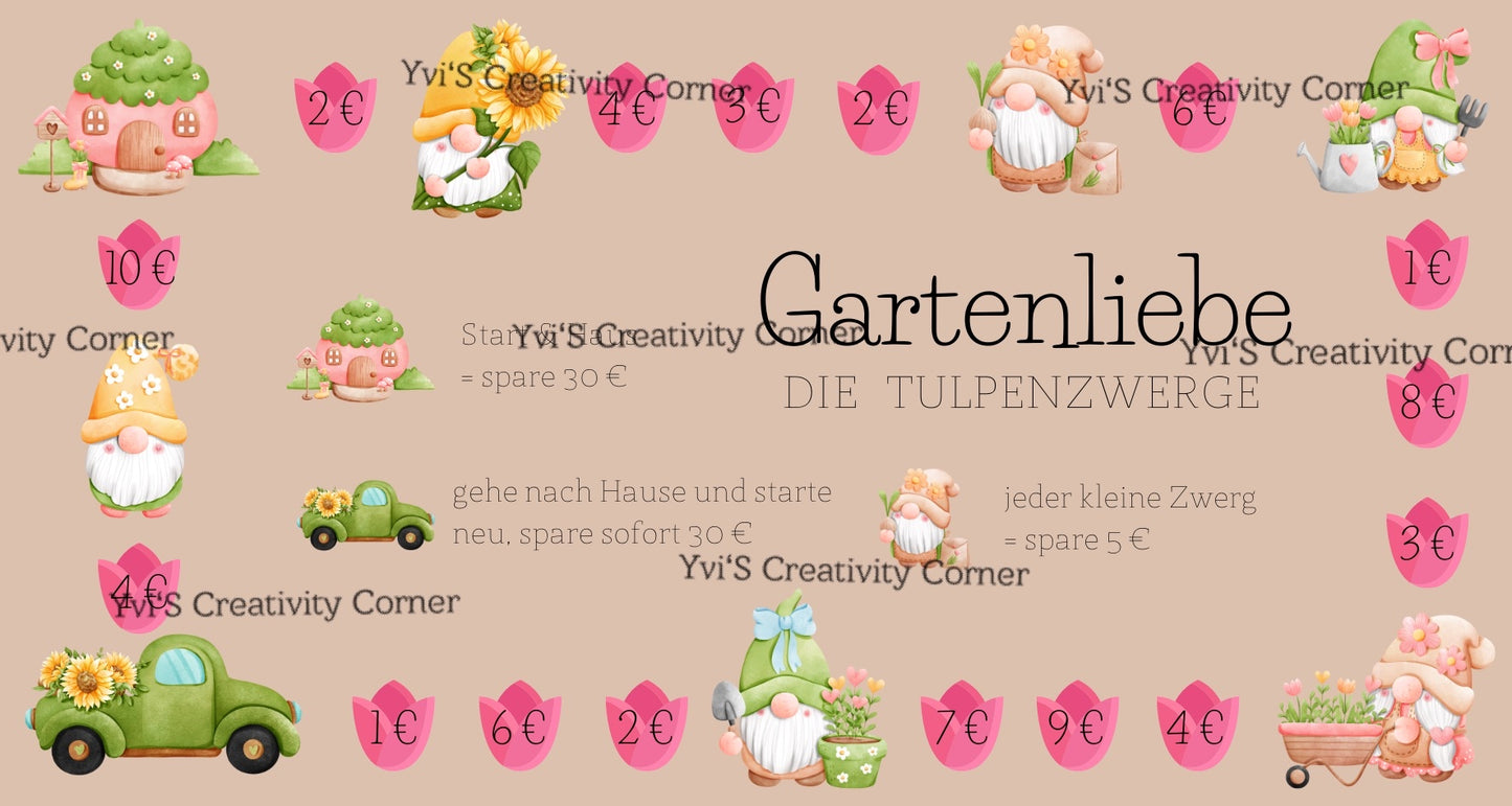 Sparspiel "Gartenliebe" inkl. passendem Tracker, Würfel und Spielfigur, A6, Papier 250g