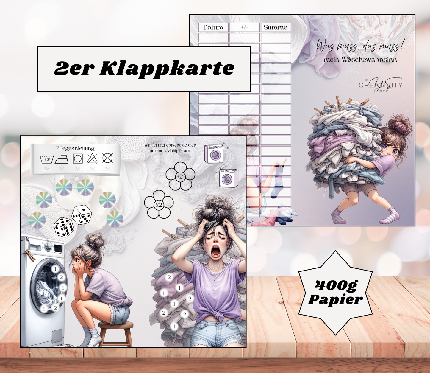 Sparchallenge „Was muss, das muss - Wäschewahnsinn" Zweier-Klappkarte, A6, 400g Papier