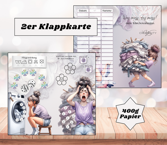 Sparchallenge „Was muss, das muss - Wäschewahnsinn" Zweier-Klappkarte, A6, 400g Papier