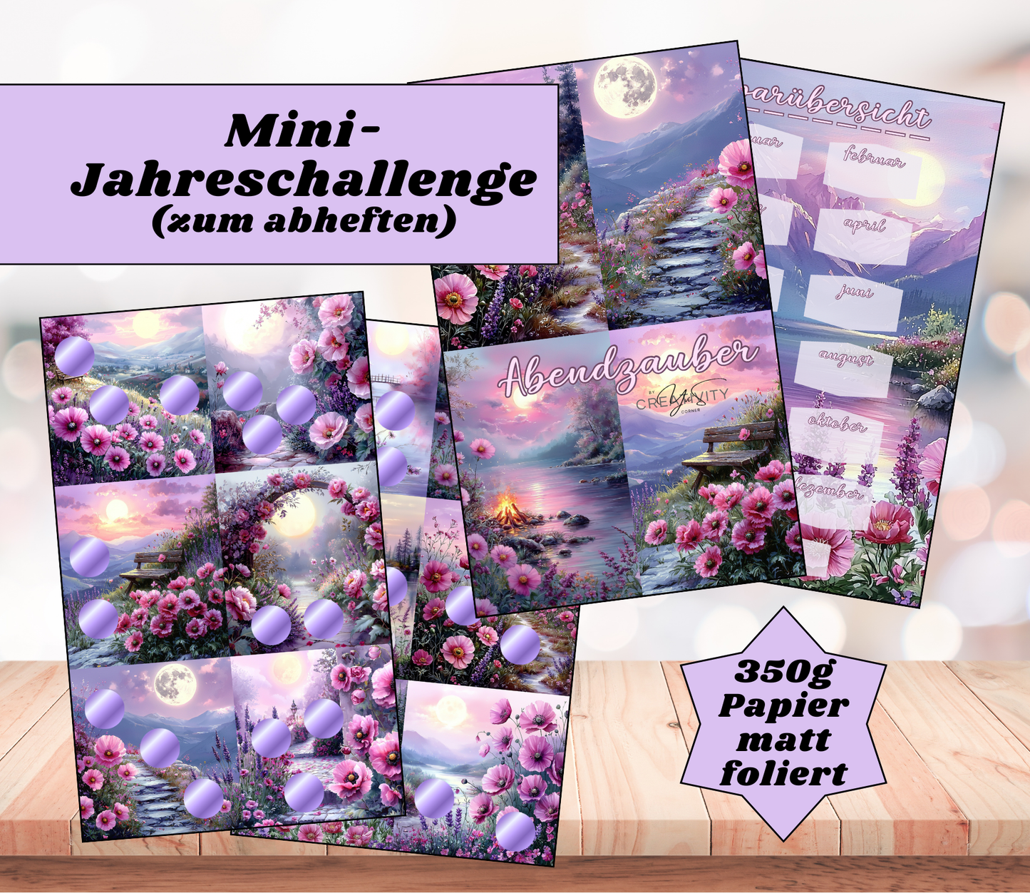 Mini-Jahreschallenge "Abendzauber", gelocht und matt foliert für A6, Papier 350g