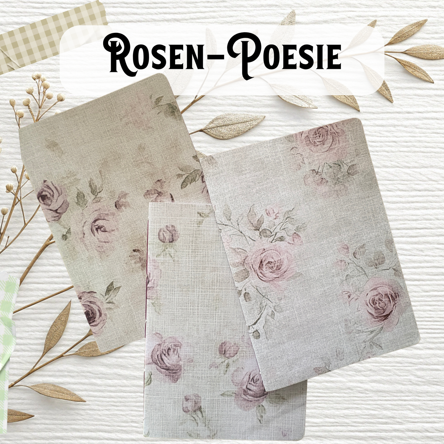 Kreatives Notizheft-3er-Set „Rosen-Poesie“ – Handgenähte Unikate für deine Gedanken