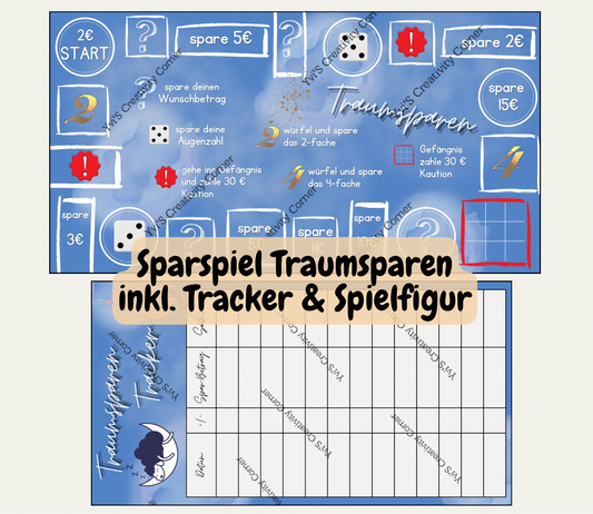 Sparspiel "Traumsparen" inkl. passendem Tracker, Würfel und Spielfigur, A6, Papier 250g