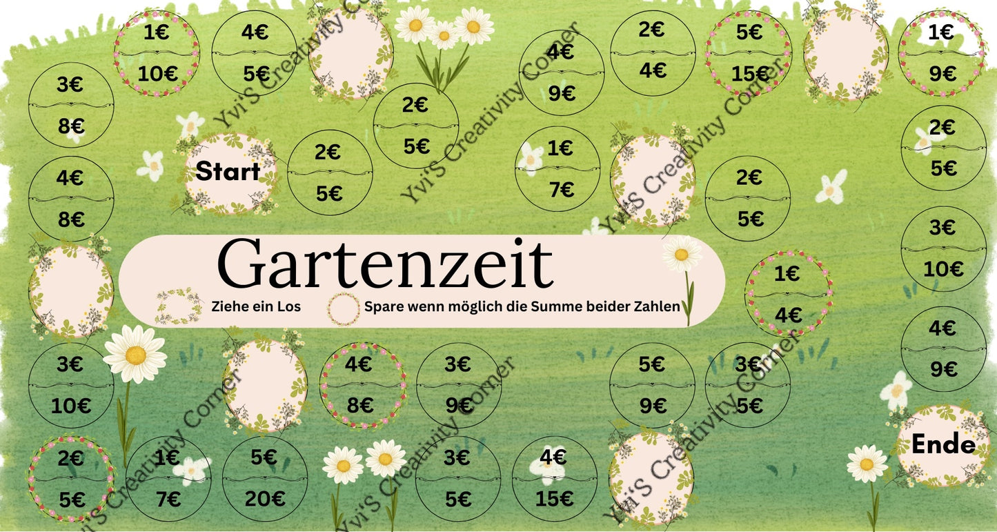 Sparspiel "Gartenzeit" inkl. passendem Tracker und Losen, Würfel und Spielfigur, A6, Papier 250g