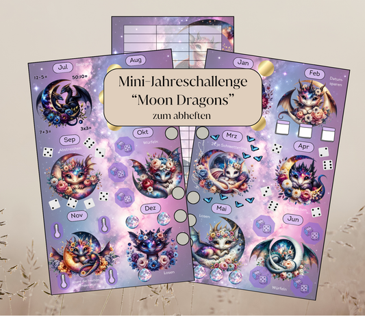 Mini-Jahreschallenge "Moon-Dragons", gelocht und foliert für A6, Papier 350g