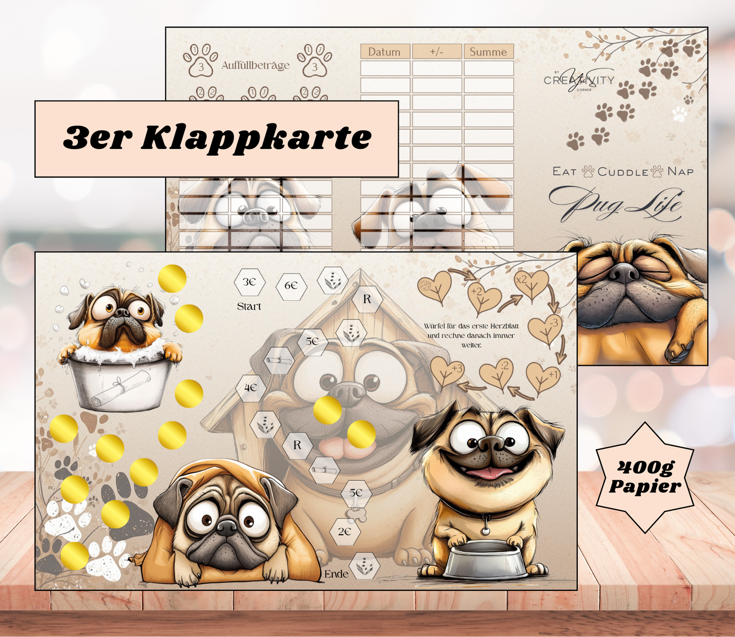 Sparchallenge „Pug-Life" Triple-Klappkarte, A6, 400g Papier