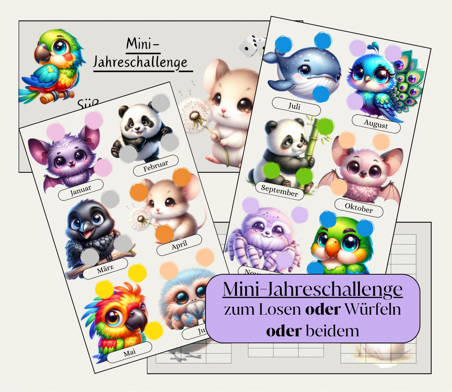 Mini-Jahreschallenge "süße Tierchen" mit Tracker, A6, Papier 250g