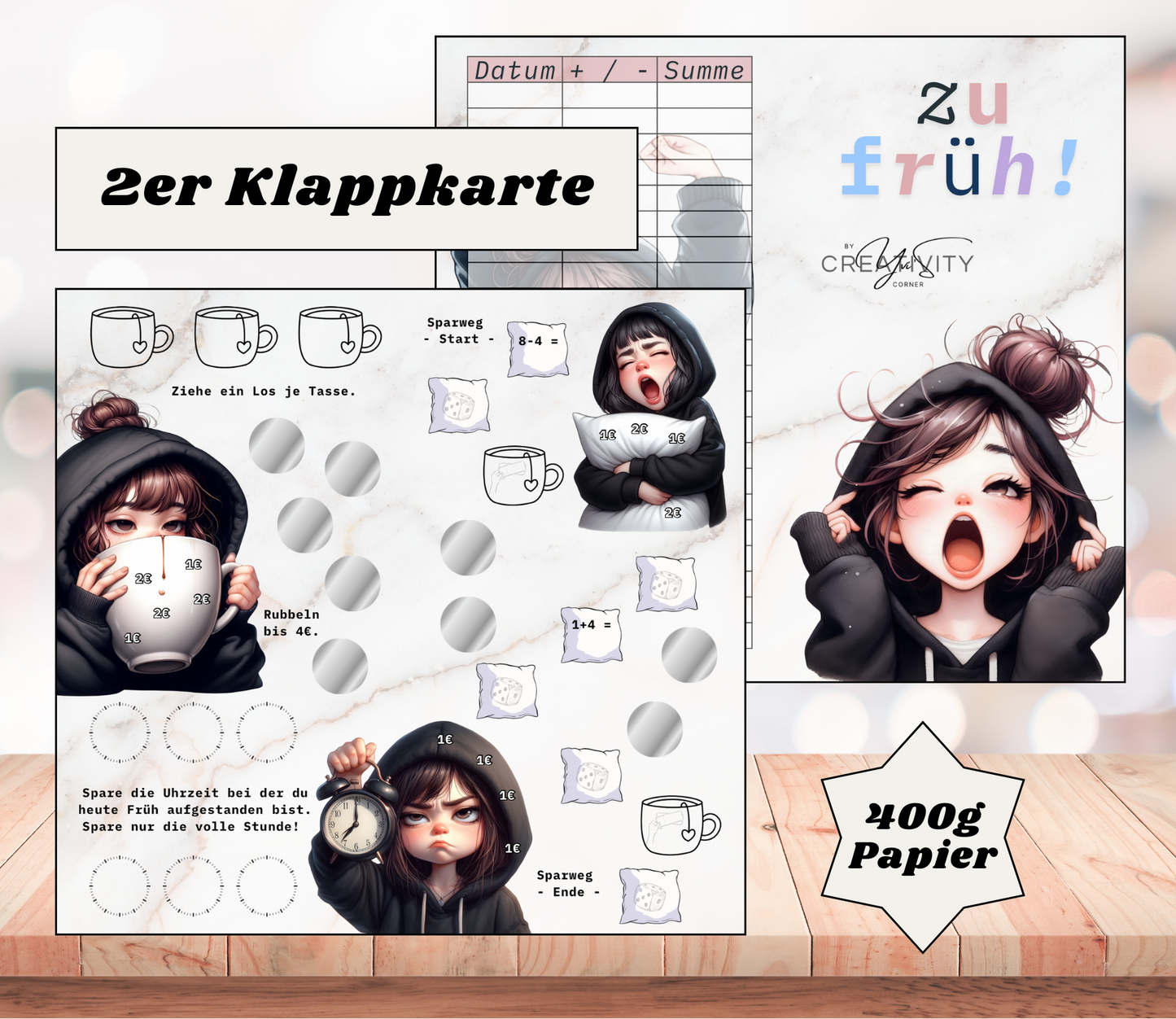 Sparchallenge "zu früh" Zweier-Klappkarte, A6, 400g Papier