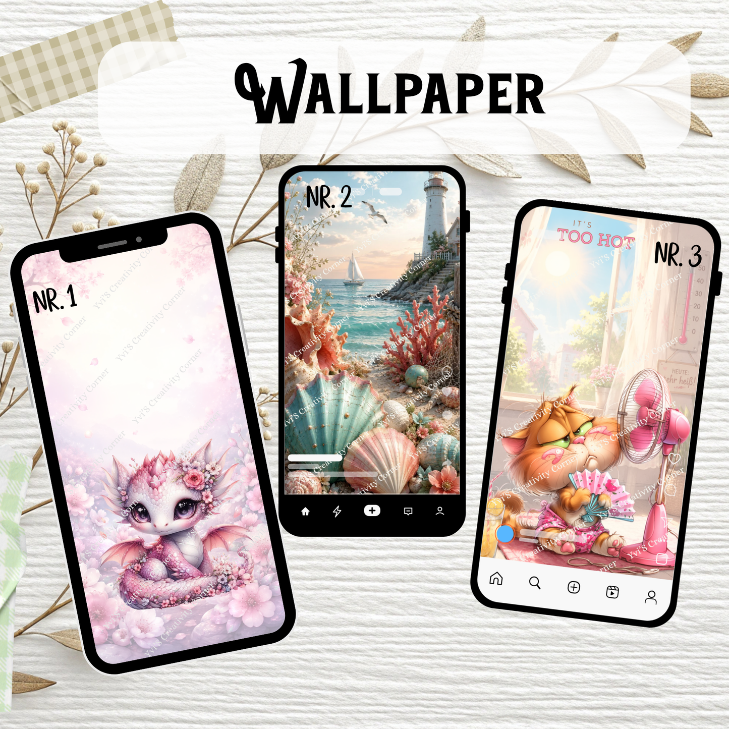 Wallpaper "Blüten-Drache", "Sommerhitze" und "Küstenzauber" - digitales Produkt