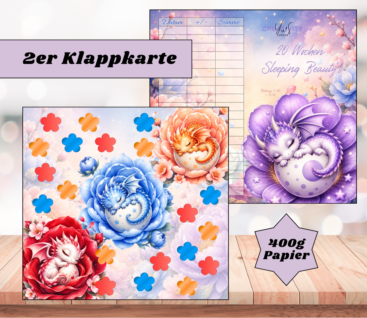 Sparchallenge „20 Wochen - Sleeping Beautys" Zweier-Klappkarte, A6, 400g Papier