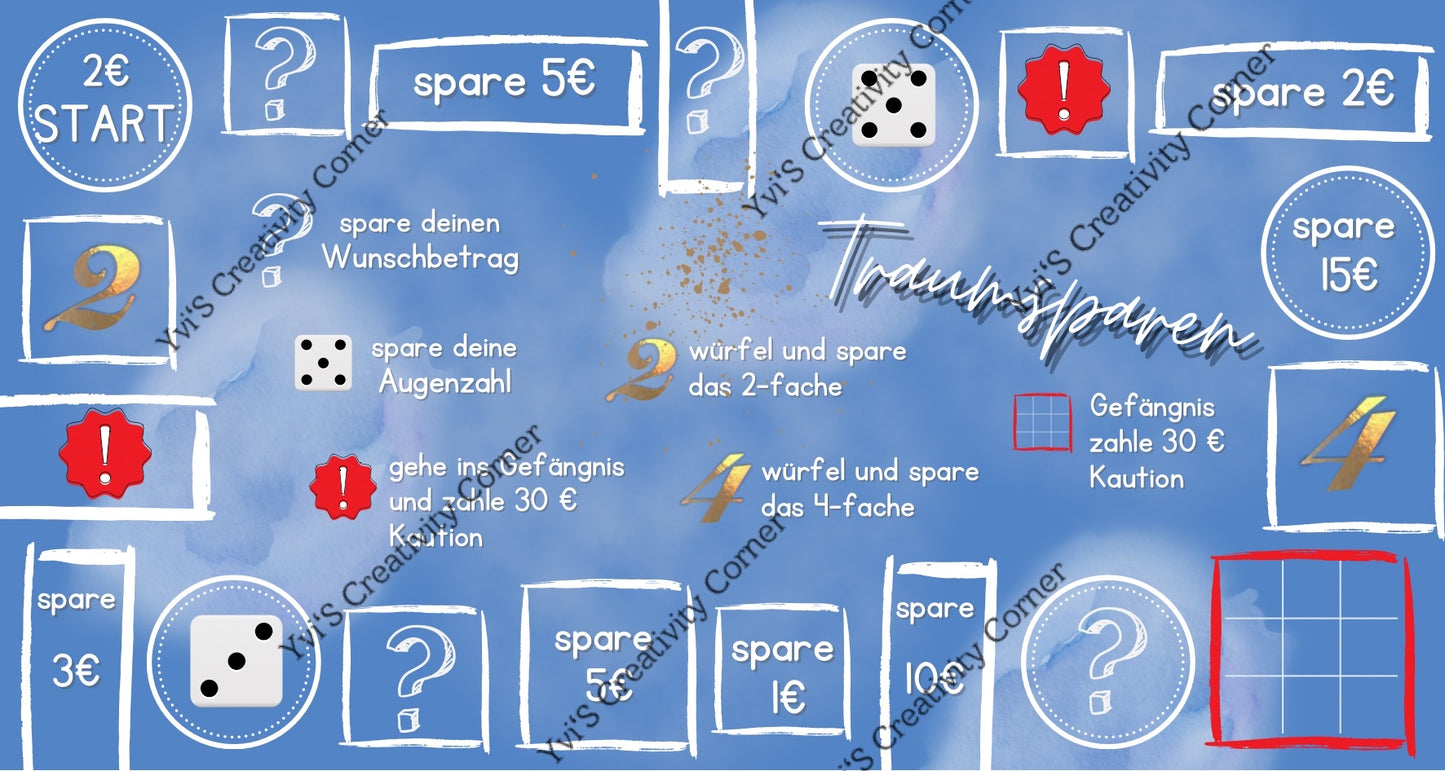 Sparspiel "Traumsparen" inkl. passendem Tracker, Würfel und Spielfigur, A6, Papier 250g