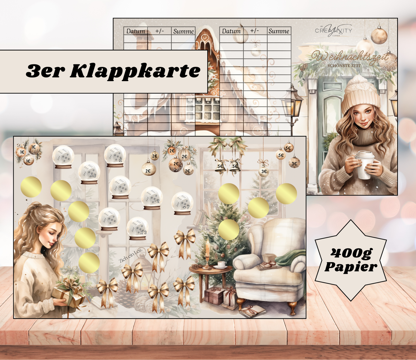 Sparchallenge „Weihnachtszeit schönste Zeit 2.0" Triple-Klappkarte, A6, 400g Papier